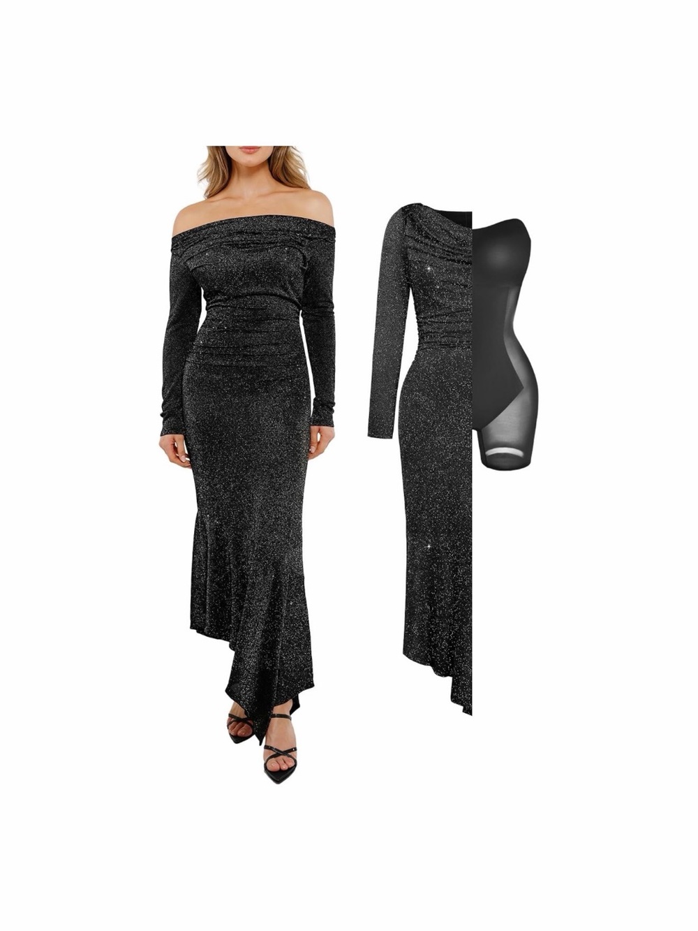 Off-Shoulder Black Glitter Long-Sleeve Evening Dress